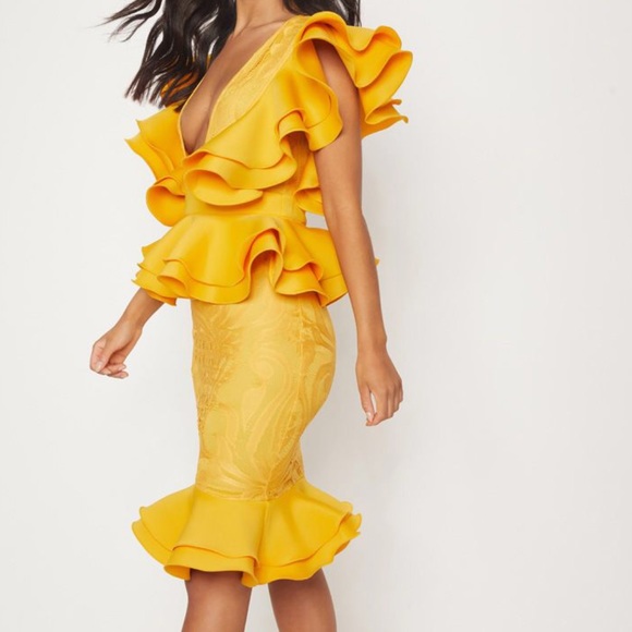 PrettyLittleThing Dresses & Skirts - Prettylittlething Mustard Ruffle Plunge Midi Dress